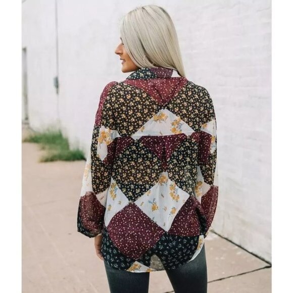 Buckle Willow & Root Sheer Floral Checkered Top XL - Picture 2 of 7